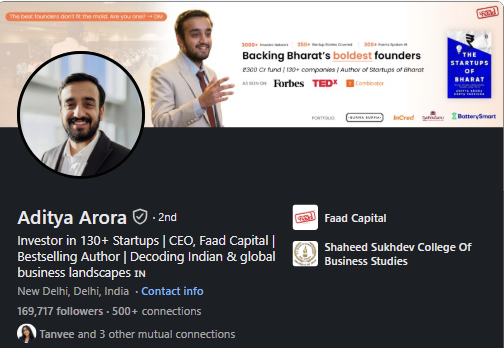 Aditya Arora's live LinkedIn profile